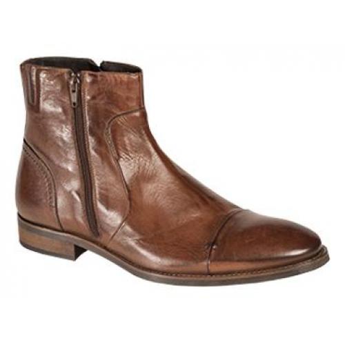 Bacco Bucci "7918-20" Tan Genuine Hand-Burnished Calfskin Plain Toe Zipper Boot
